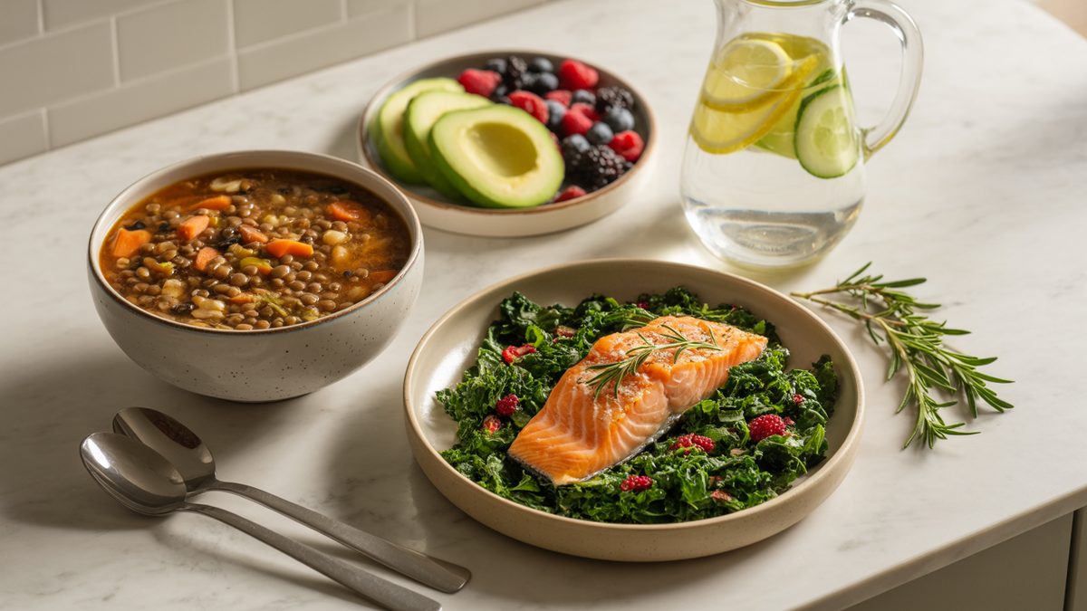 10 Day Detox Meal Plan: Day by Day image 1 Whole foods spread with lentil stew, salmon, berries, avocado and lemon water on marble