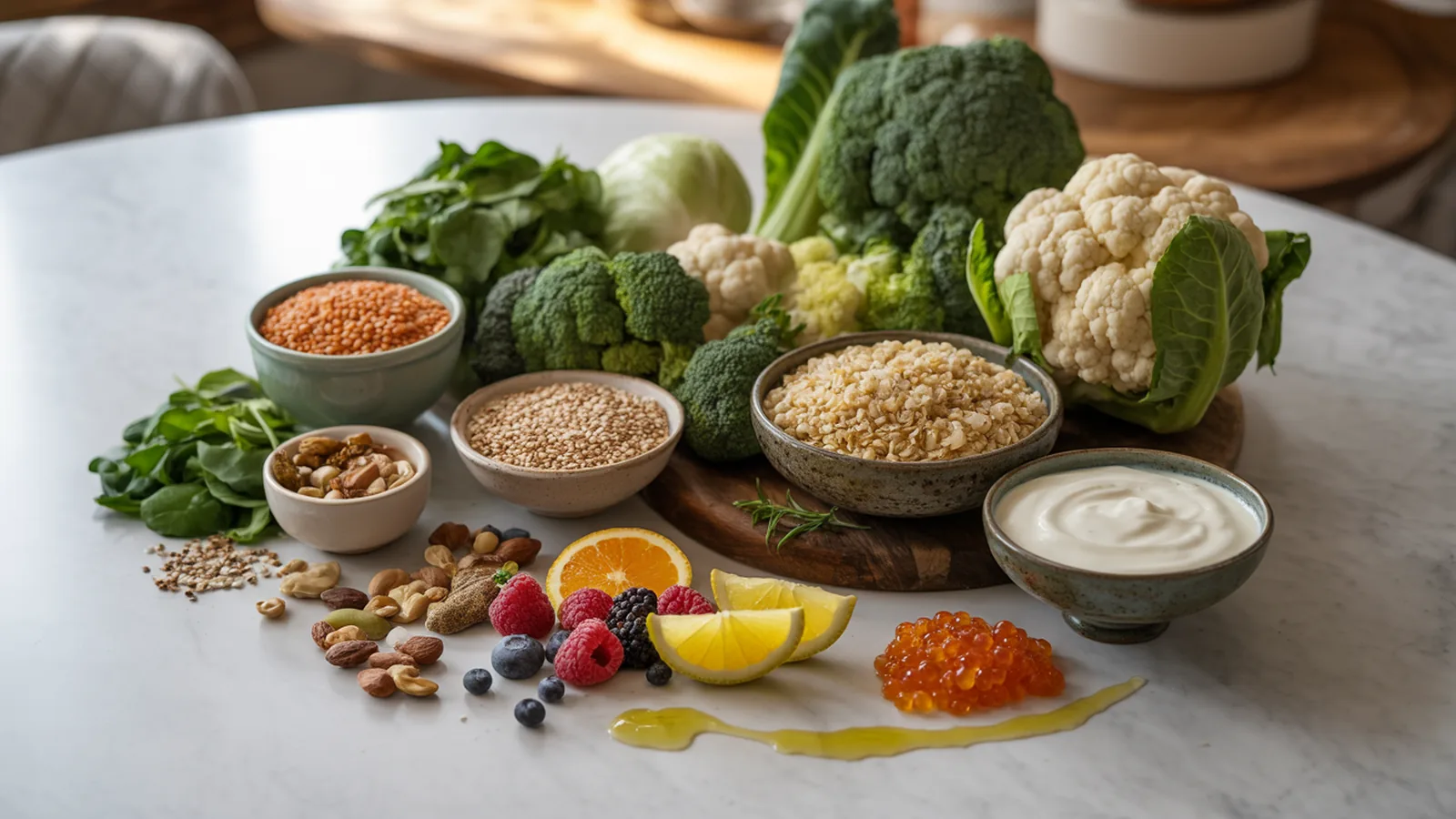 Ten days of whole food ingredients grouped by type on a white marble kitchen counter