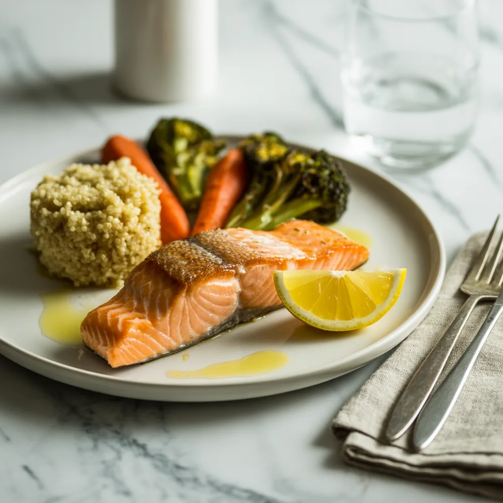 A balanced plate of roasted salmon, quinoa, broccoli and carrots with lemon and olive oil