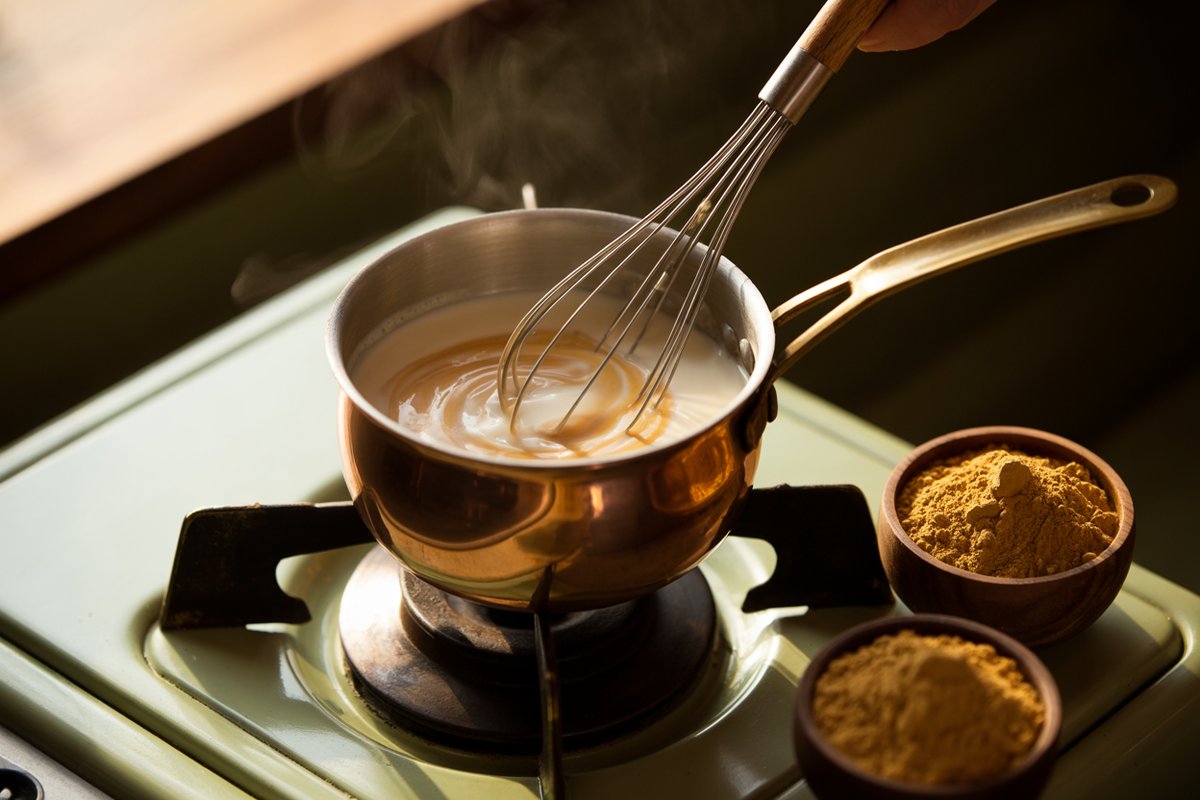 Hand whisking adaptogen powder into a small jar of warm milk before pouring into a mug