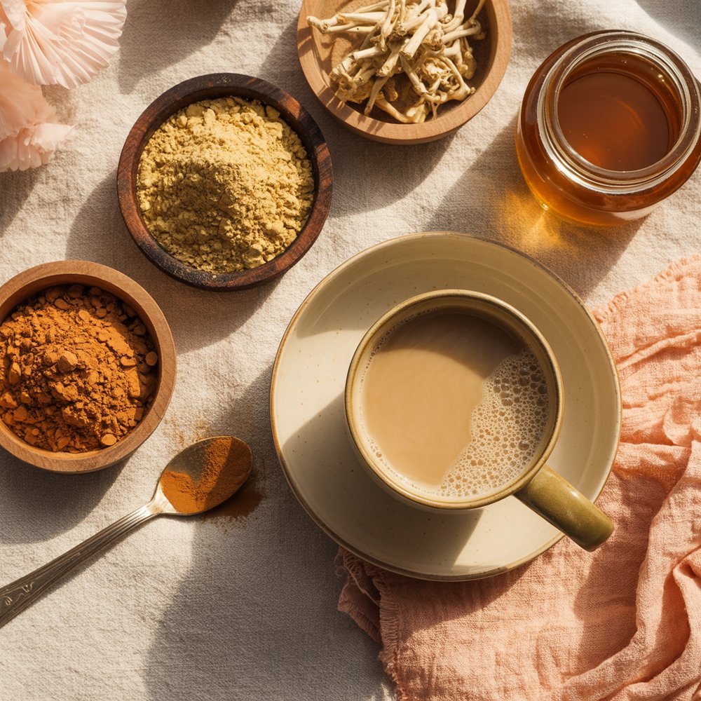 Overhead flat-lay of ashwagandha powder, reishi mushroom powder, maca, cacao, honey, cinnamon and oat milk