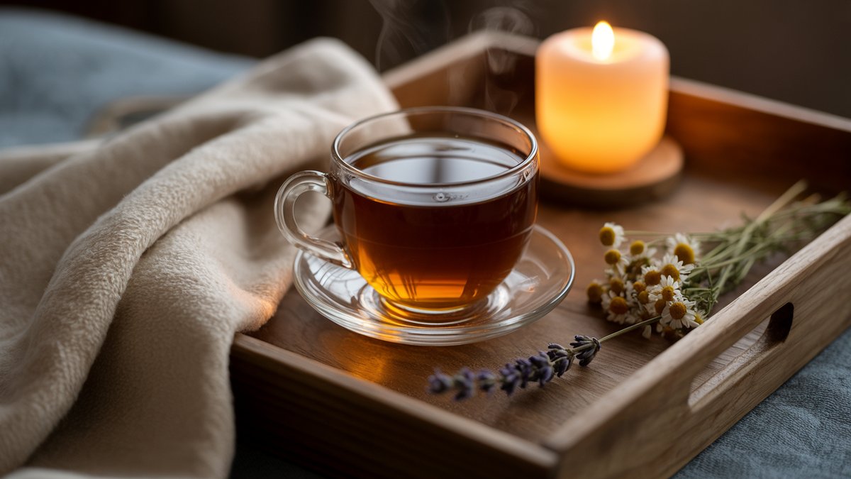 Hands cradling a warm ceramic mug of pale herbal tea on a sofa in soft lamplight