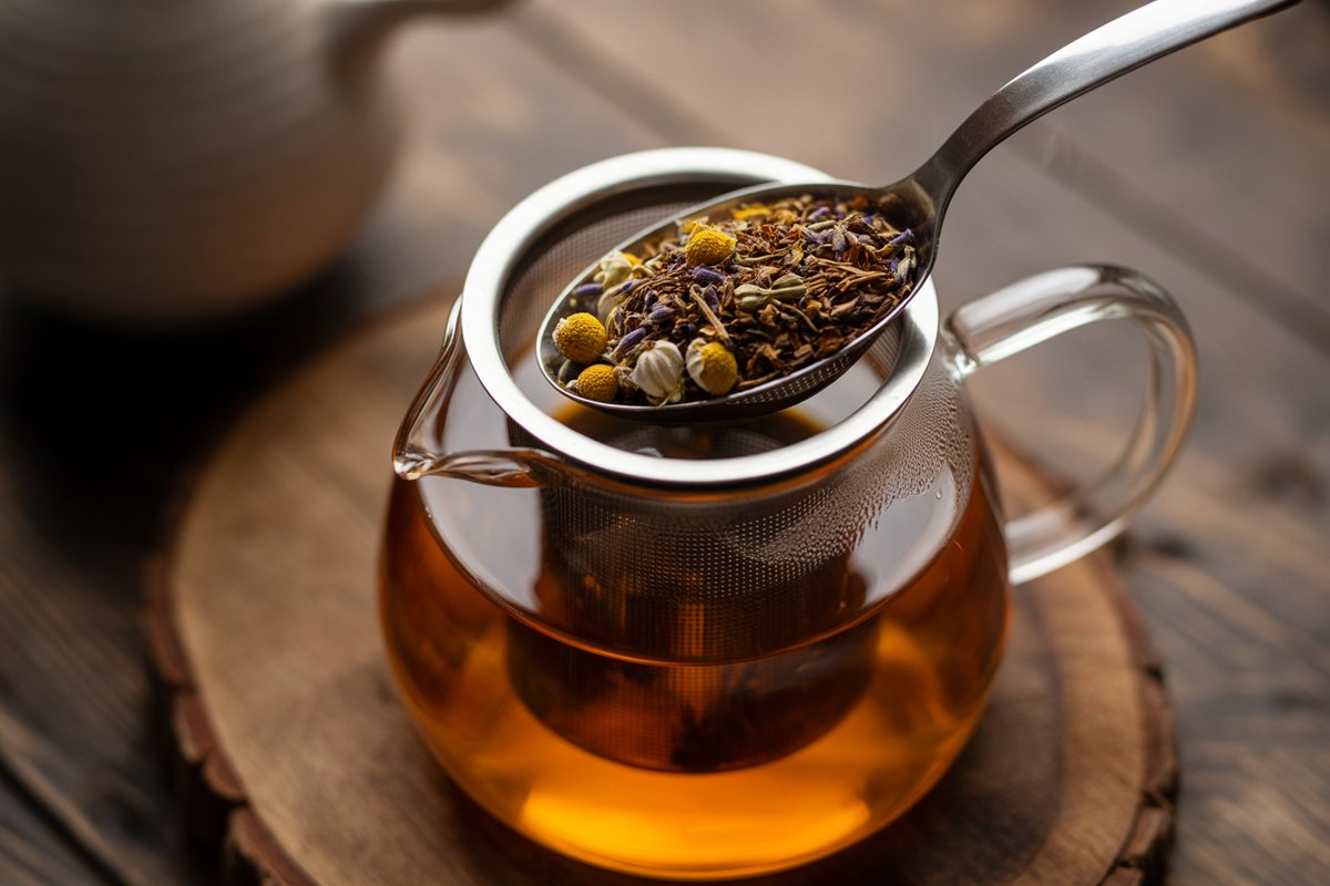 Dried chamomile, lemon balm, and lavender being scooped into a tea infuser over a mug