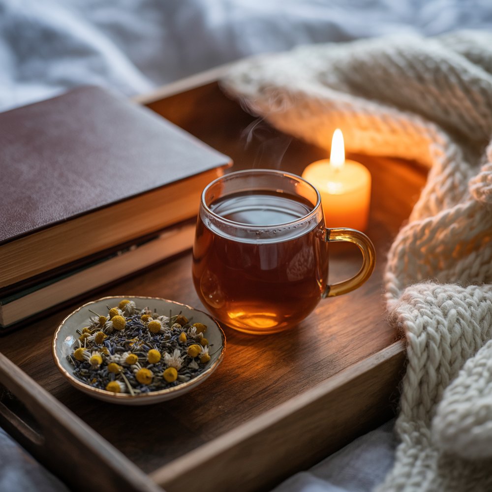 Overhead view of a tea mug, a lit candle, an open book, and a folded blanket on a wooden side table