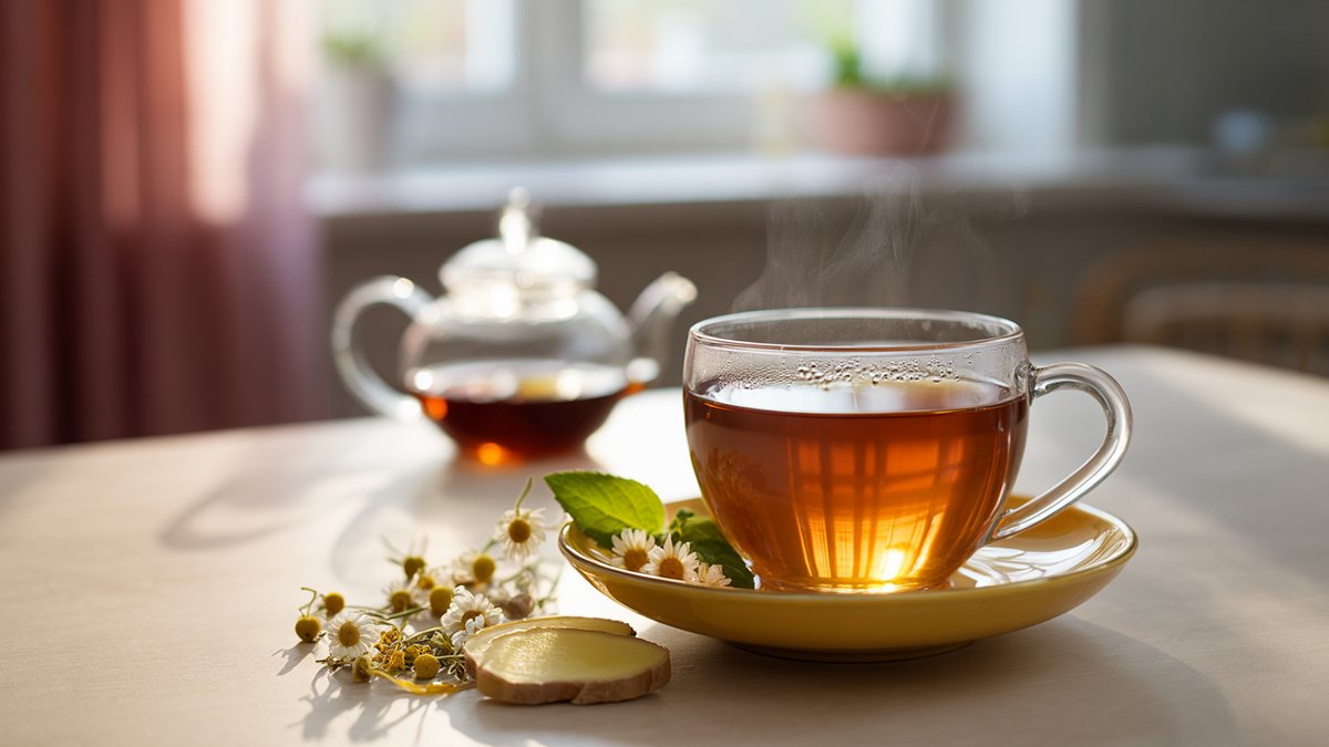 A calming cortisol-friendly herbal tea steeping beside loose chamomile and lemon balm A steaming mug of calming herbal tea beside small bowls of dried chamomile flowers and lemon balm on a soft linen cloth