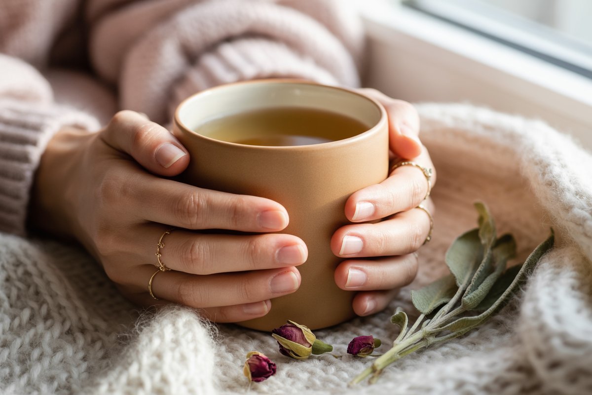 Spooning chamomile, tulsi, and lemon balm into an infuser for the base calming tea Loose dried chamomile, tulsi, and lemon balm spooned into a glass infuser inside a ceramic mug, with hot water being poured over