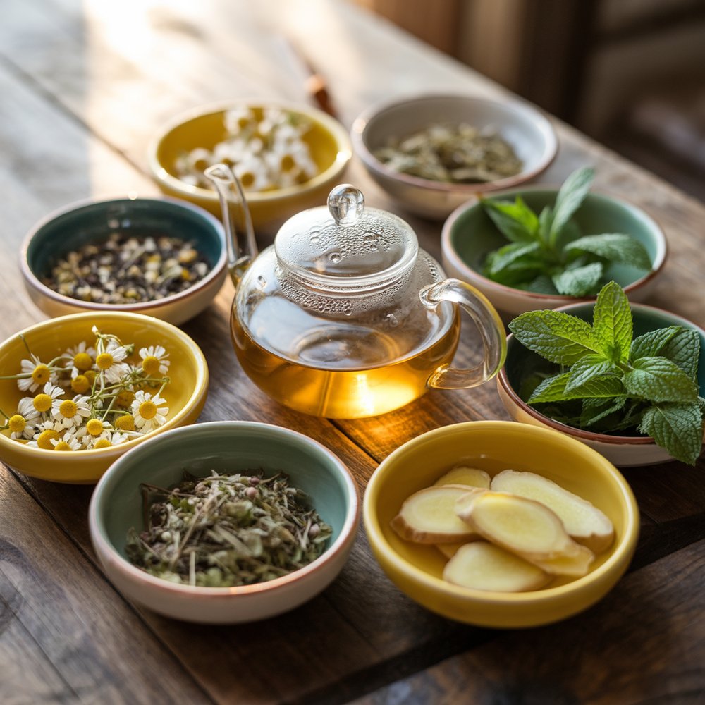 Cradling a warm mug of calming herbal tea by a quiet window A hand cradling a warm mug of pale herbal tea on a windowsill beside a small scatter of loose dried herbs