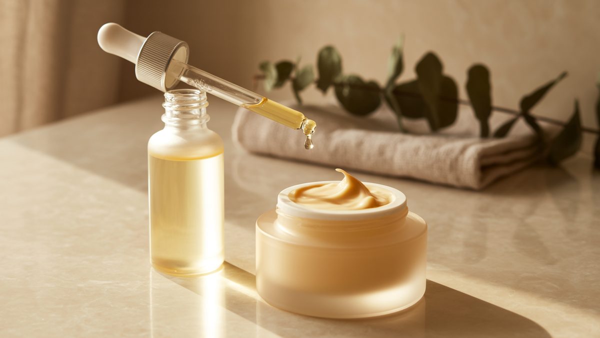 Face Serum vs Moisturizer: Full Guide image 1 Face serum dropper bottle next to an open moisturizer jar on a cream marble vanity