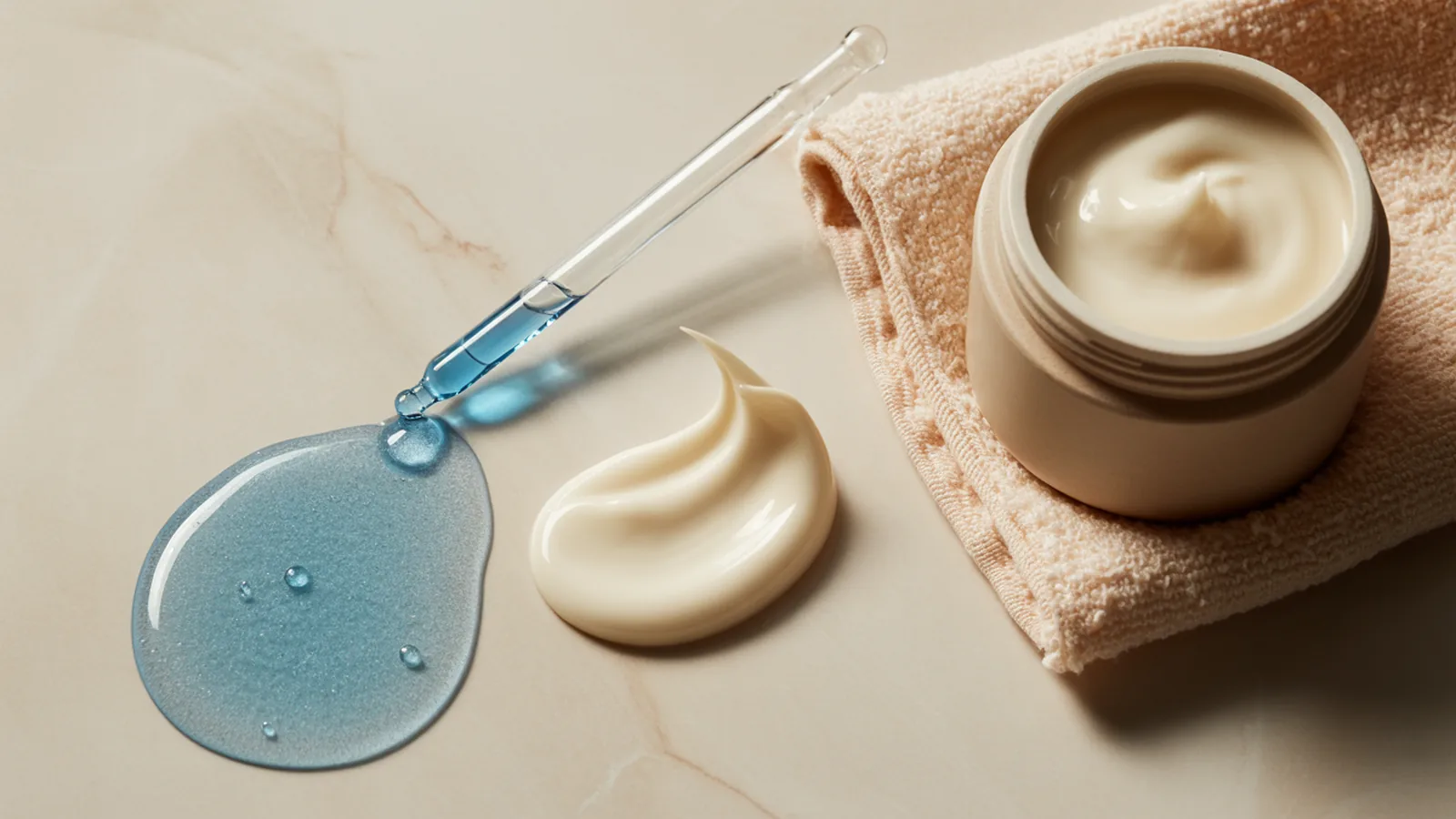 Thin serum poured beside a thick swirl of moisturizer, showing the texture difference