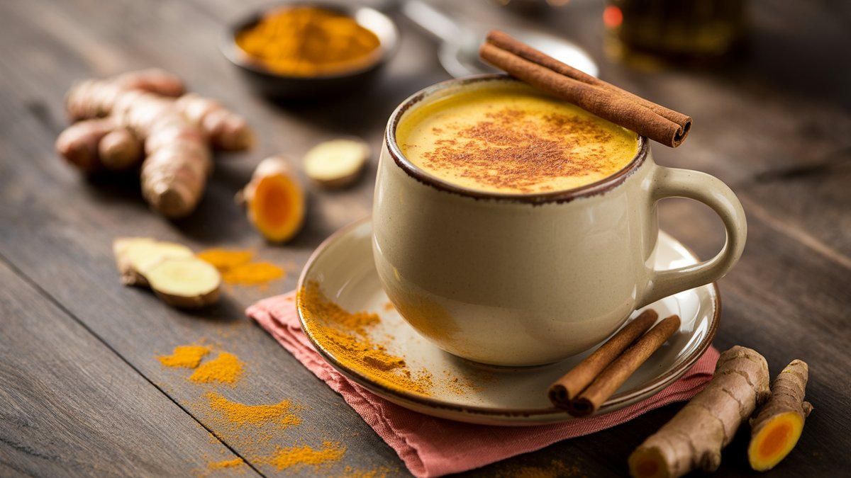A cozy mug of golden milk, the turmeric latte, dusted with cinnamon A mug of warm golden turmeric latte topped with a dusting of cinnamon on a linen cloth with spices nearby