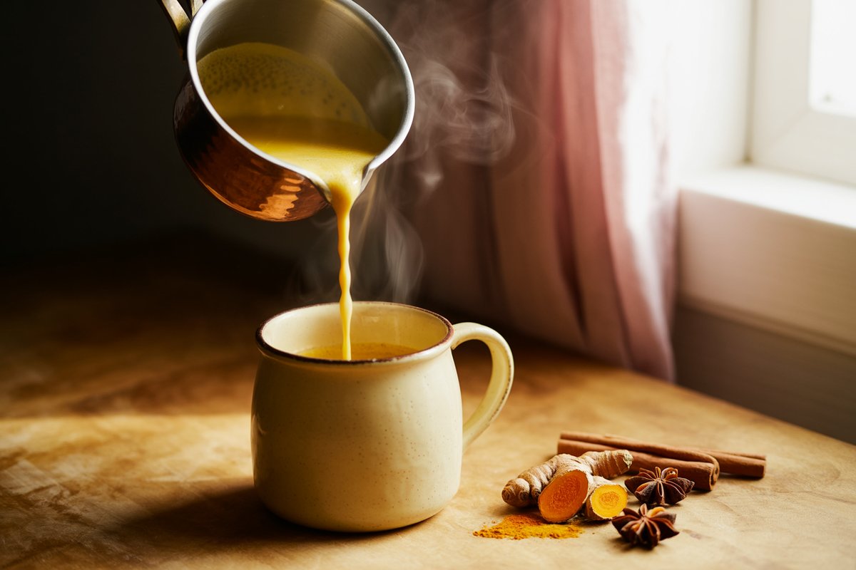 The golden milk spices: turmeric, ginger, cinnamon, and black peppercorns Whole turmeric root, ground turmeric, ginger, cinnamon sticks, and black peppercorns arranged on a wooden board