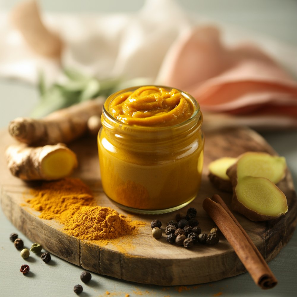 The make-ahead golden milk paste in a jar, ready for a quick cup A jar of thick golden turmeric paste with a small spoon resting in it on a kitchen counter