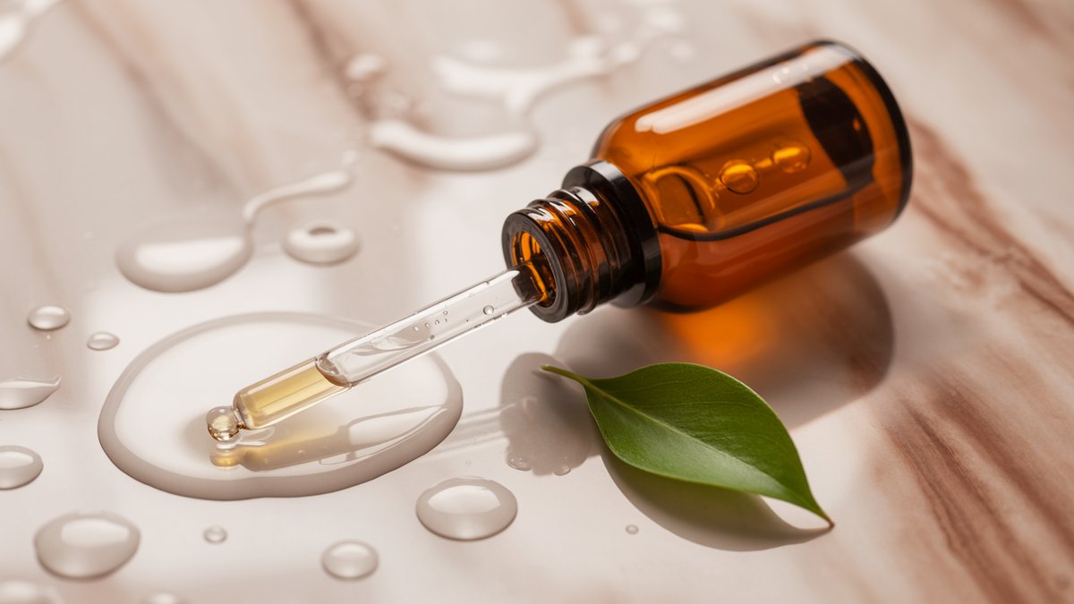 How to apply face serum: an amber dropper bottle over an open palm with a drop of serum on the tip Amber glass serum dropper bottle held over an open palm with a single drop of clear serum on the dropper tip