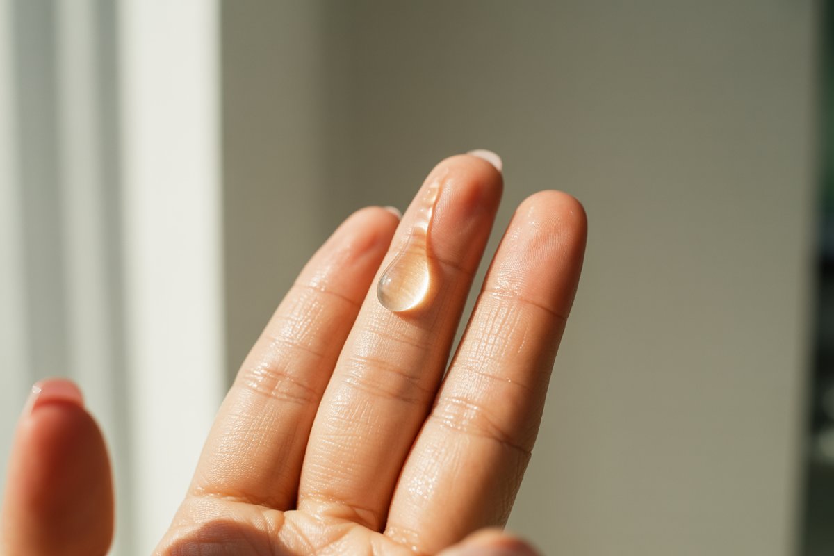 Dispensing two to four drops of face serum onto fingertips before pressing it into damp skin A few drops of clear serum pooled on fingertips above the back of a hand, ready to be pressed into the skin