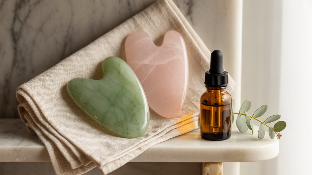 Jade and rose quartz gua sha tools beside a bottle of facial oil on linen A pale green jade gua sha tool and a pink rose quartz gua sha tool resting on a folded linen cloth beside a small bottle of facial oil