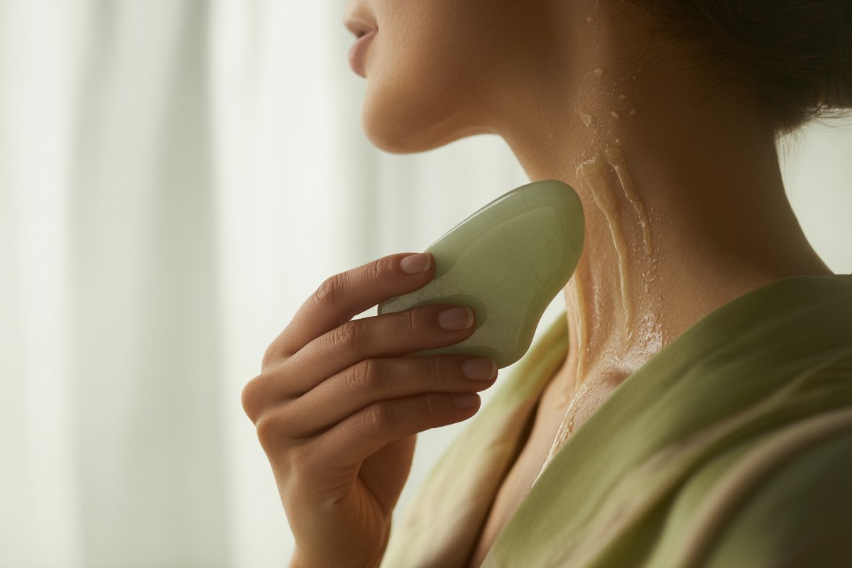 Gua sha held flat against an oiled neck, demonstrating the downward drainage stroke A hand holding a jade gua sha tool flat against the side of the neck, mid-stroke, with oil glistening on the skin