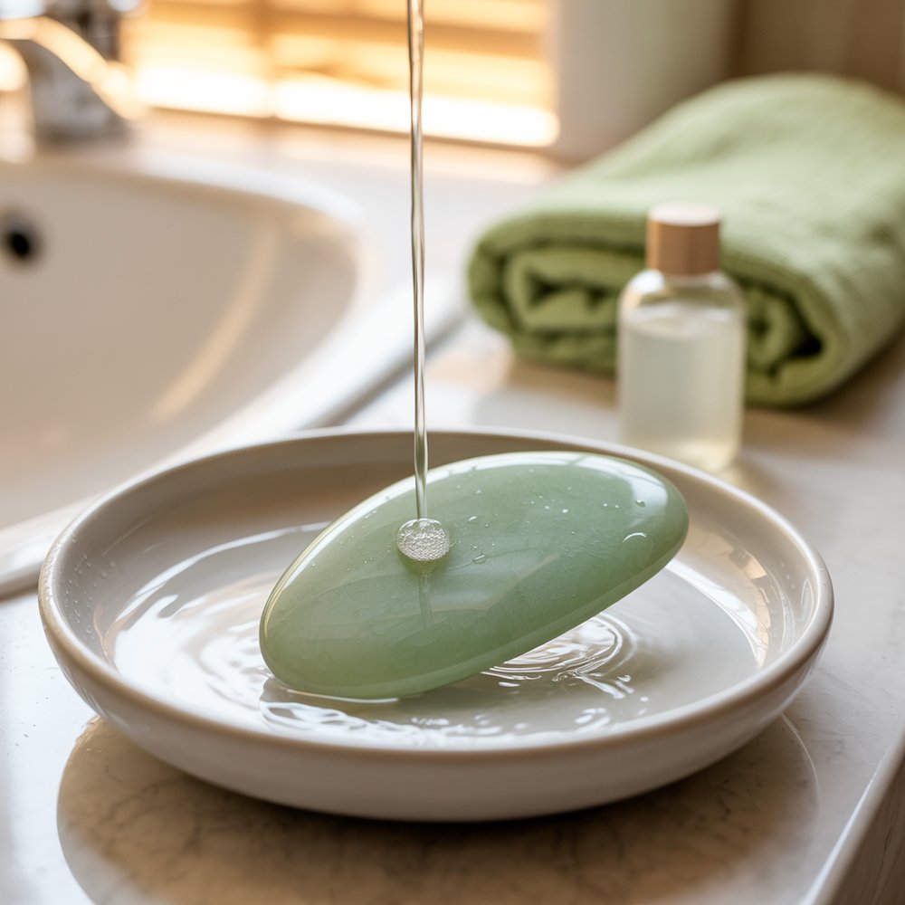 A rose quartz gua sha resting beside a towel and water, ready to be cleaned after use A pink rose quartz gua sha tool lying flat on a marble surface next to a folded towel and a small dish of water for cleaning