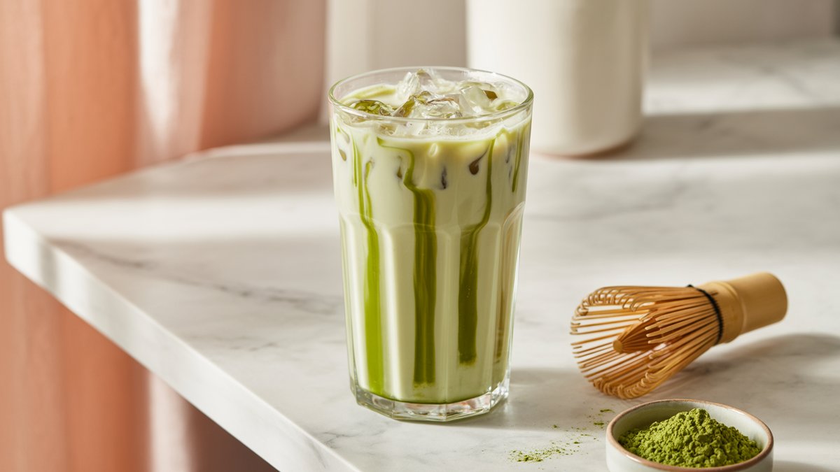 Tall glass of iced matcha latte with oat milk, bright green sitting over pale cream with a paper straw