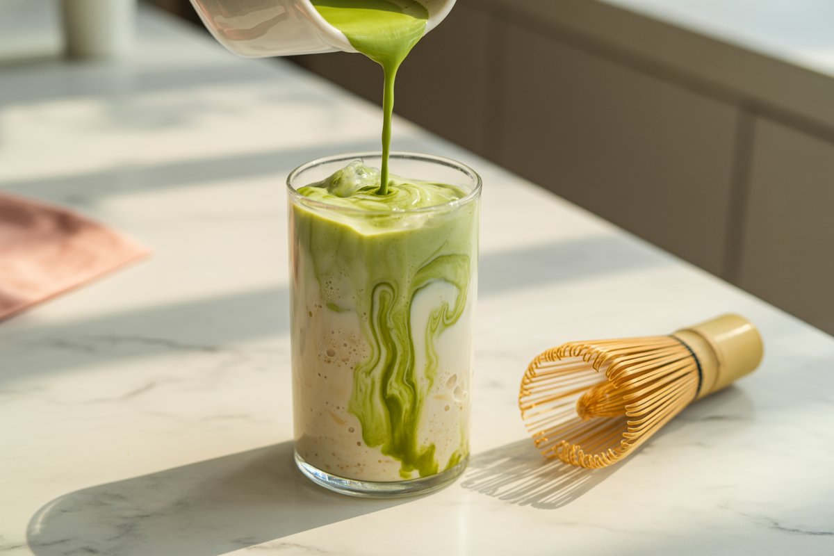 Hand whisking sifted matcha into a small amount of warm water in a bowl with a bamboo whisk