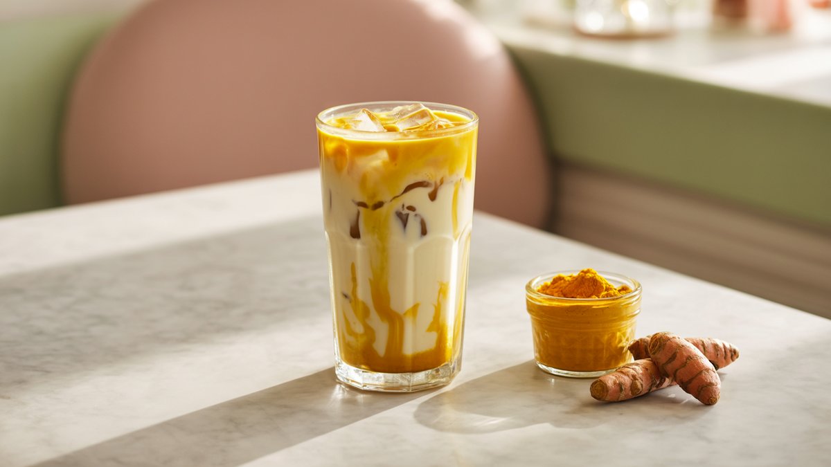 Tall glass of iced turmeric latte in golden oat milk over ice with a yellow swirl