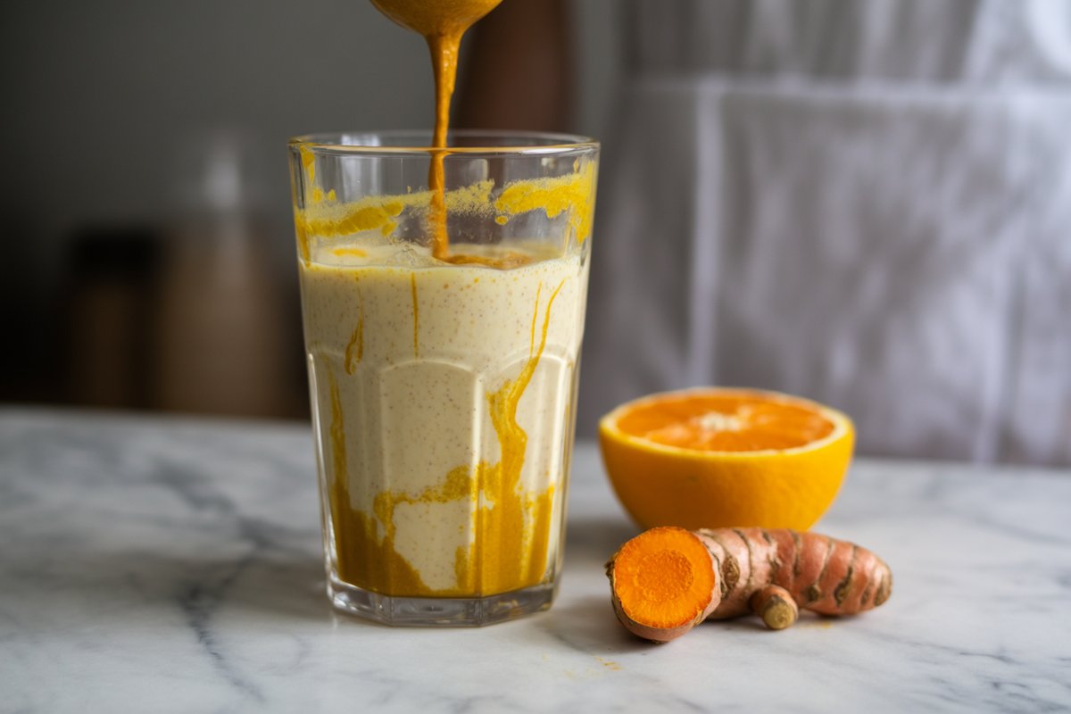 Hand whisking turmeric paste into a small jar of oat milk before pouring over ice