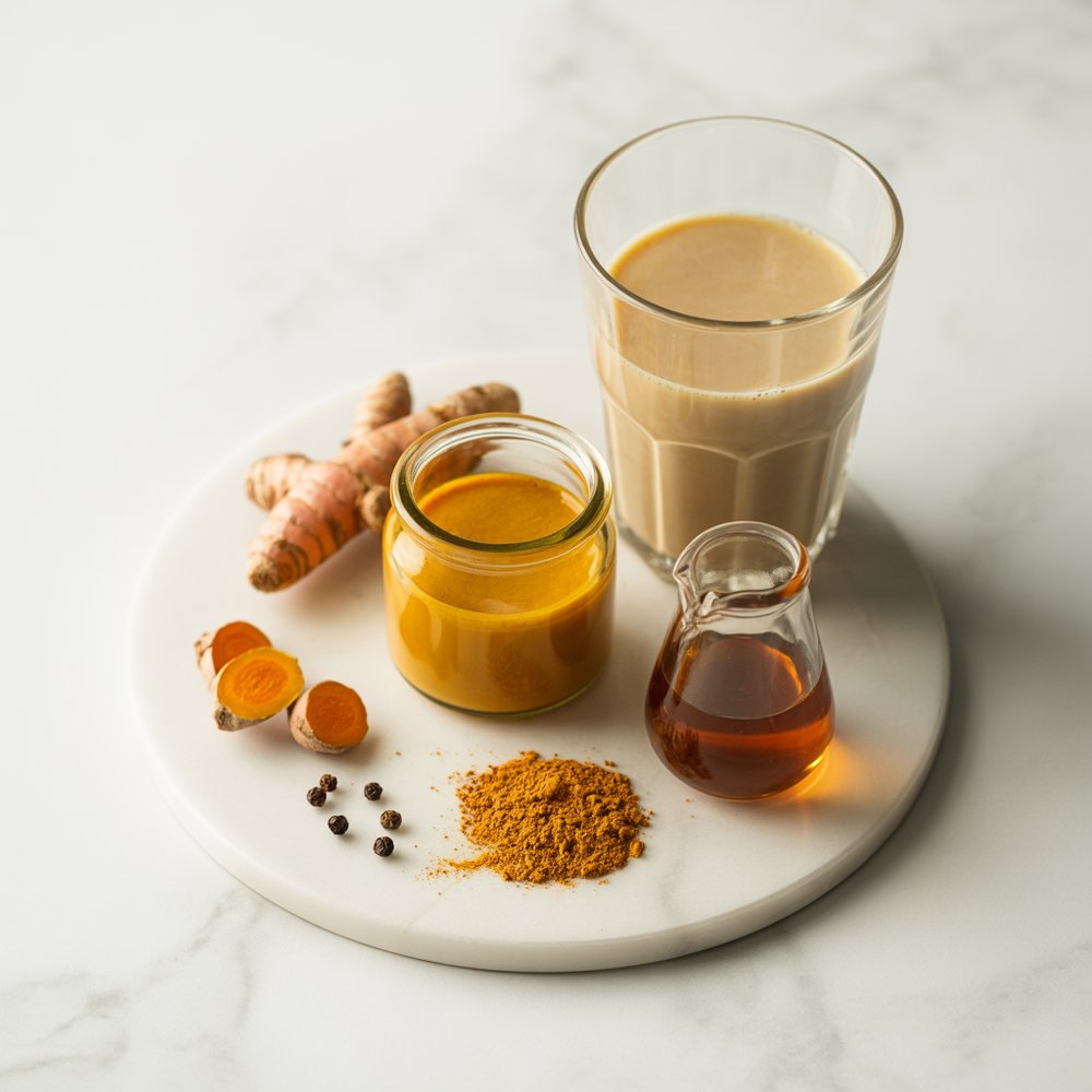 Iced turmeric latte on a sunny windowsill next to a striped straw and a sliced lemon