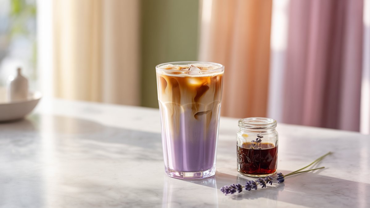 A tall glass of iced lavender oat milk latte with soft purple and cream layers over ice with fresh lavender sprigs on a marble counter