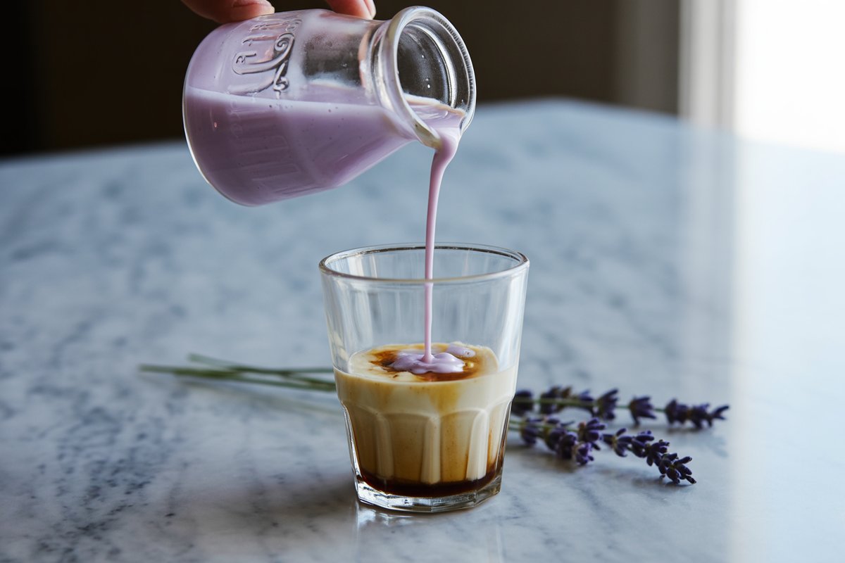 Pale purple lavender syrup being poured into creamy oat milk over a shot of espresso in a clear glass with lavender sprigs nearby
