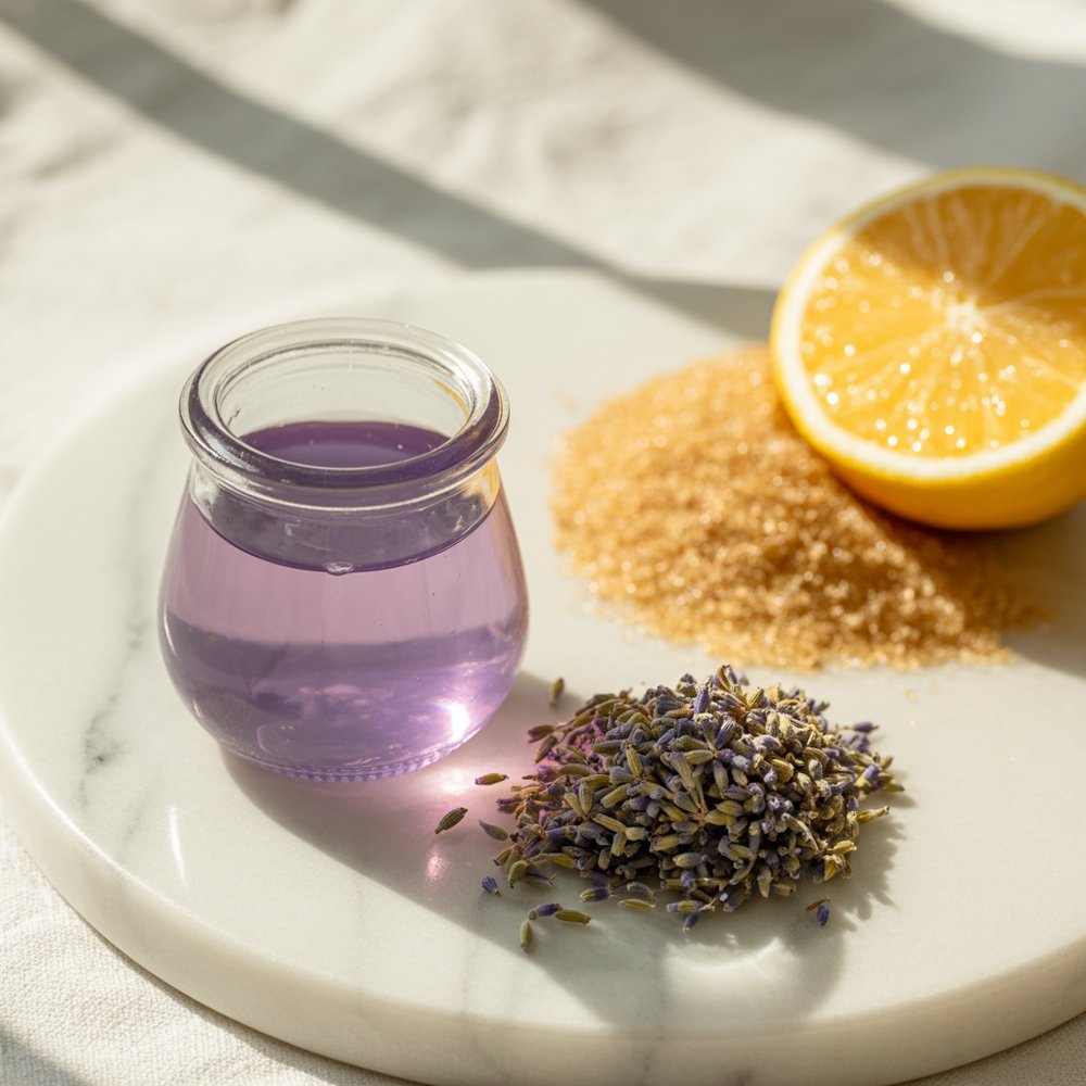 Overhead flat lay of homemade lavender syrup in a small glass jar with dried culinary lavender buds, sugar, and a halved lemon on white marble