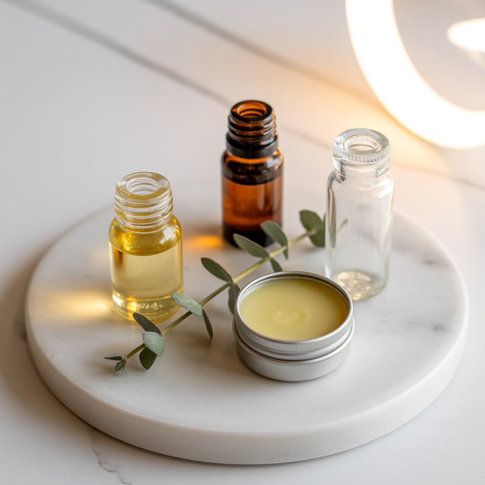 Small bottles of jojoba and castor oil beside a lip oil bottle and a balm tin on marble