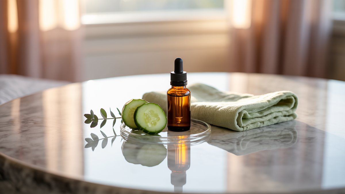 Lymphatic drainage face massage, a gentle manual depuffing ritual A calm flat lay with a small facial oil bottle, cucumber slices, eucalyptus and a folded sage cloth on marble