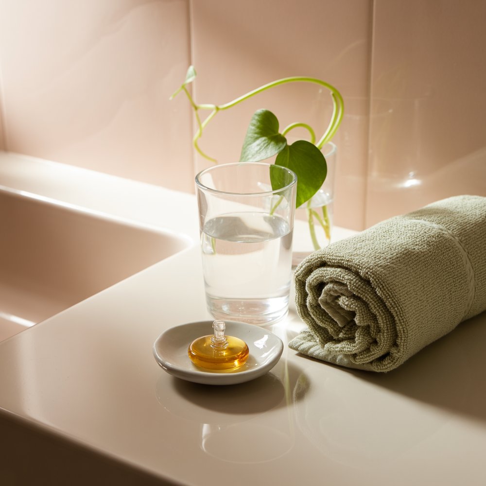 A calm morning setup for a depuffing face massage A bright minimalist bathroom counter with a glass of water, facial oil and a rolled sage towel