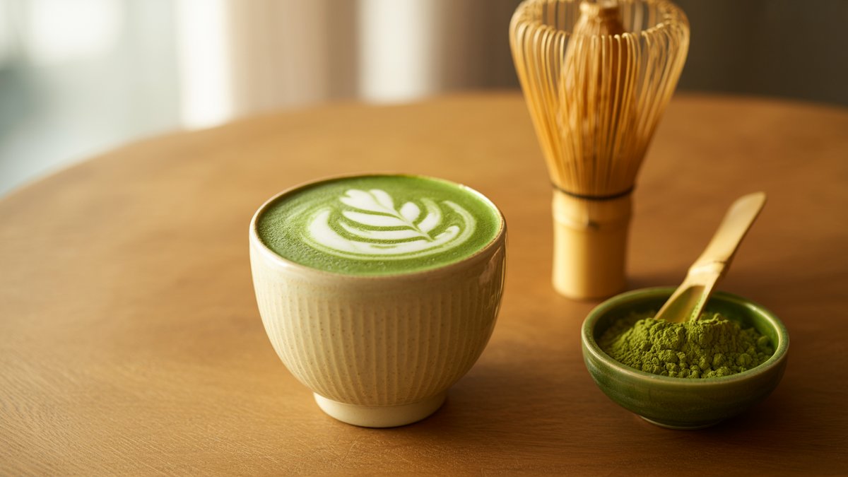 A matcha latte and the bamboo whisk and powder behind it A creamy green matcha latte in a cream ceramic cup with a bamboo whisk and a bowl of bright matcha powder