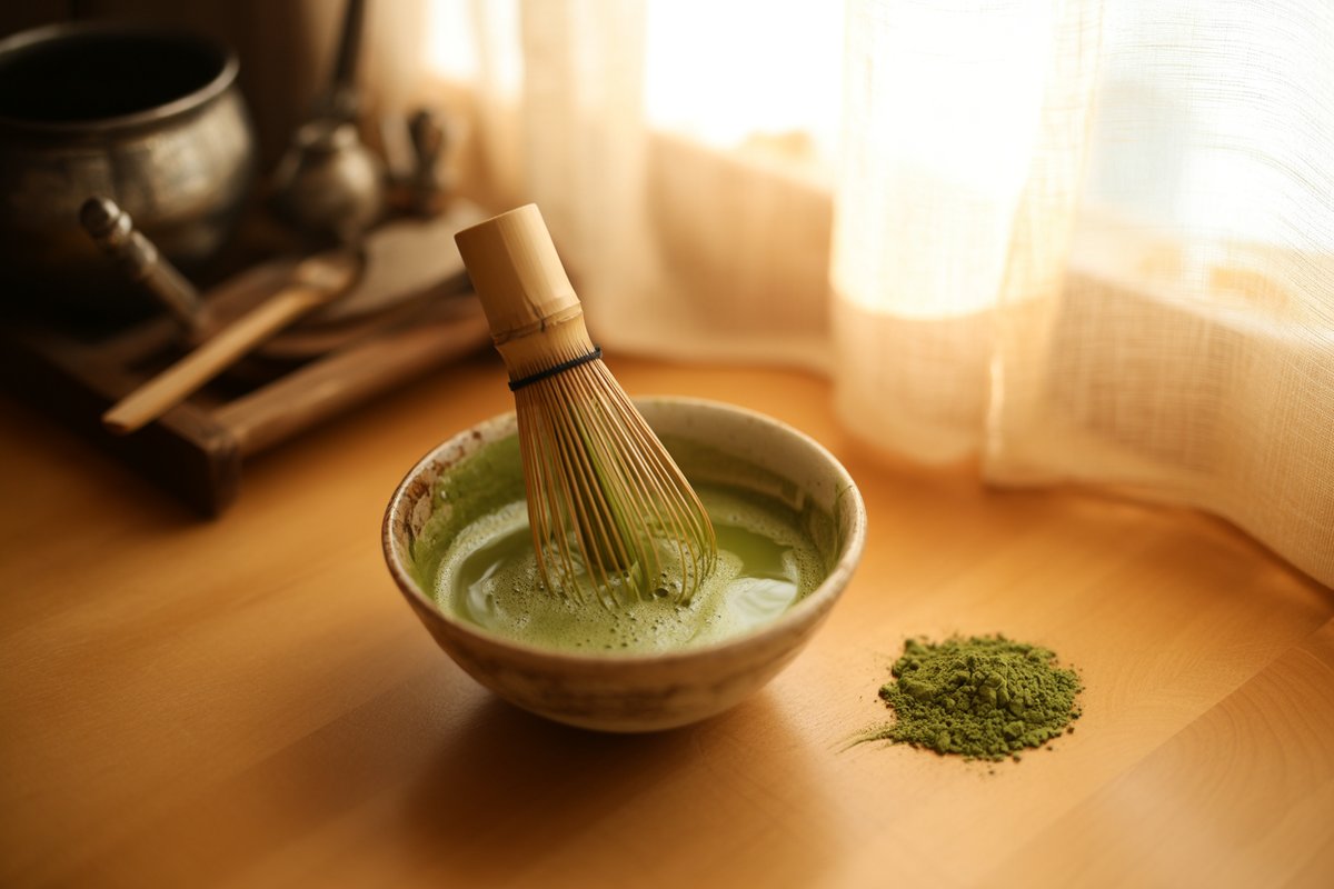 How to make matcha, whisking it smooth before adding milk Bright green matcha being whisked into a froth in a bowl with a bamboo whisk