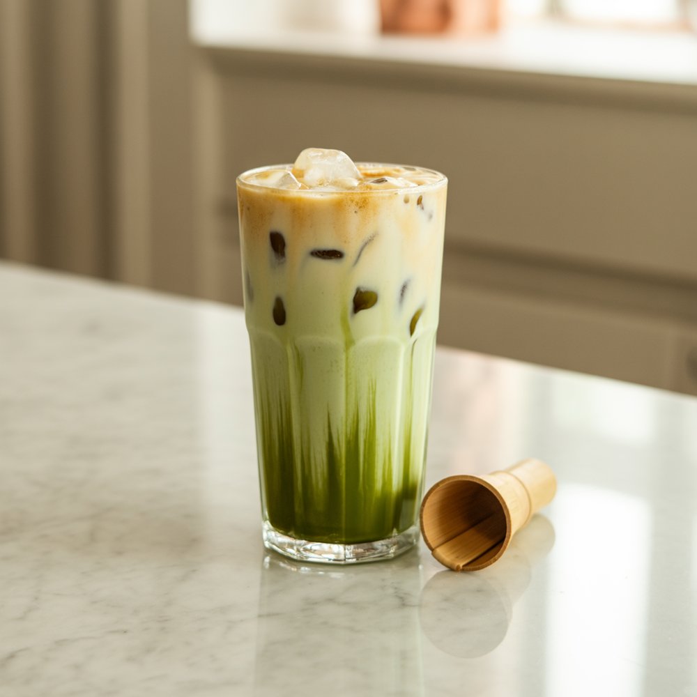 Iced matcha latte, layered green and cream An iced matcha latte in a tall glass with milk poured over ice in green and cream layers