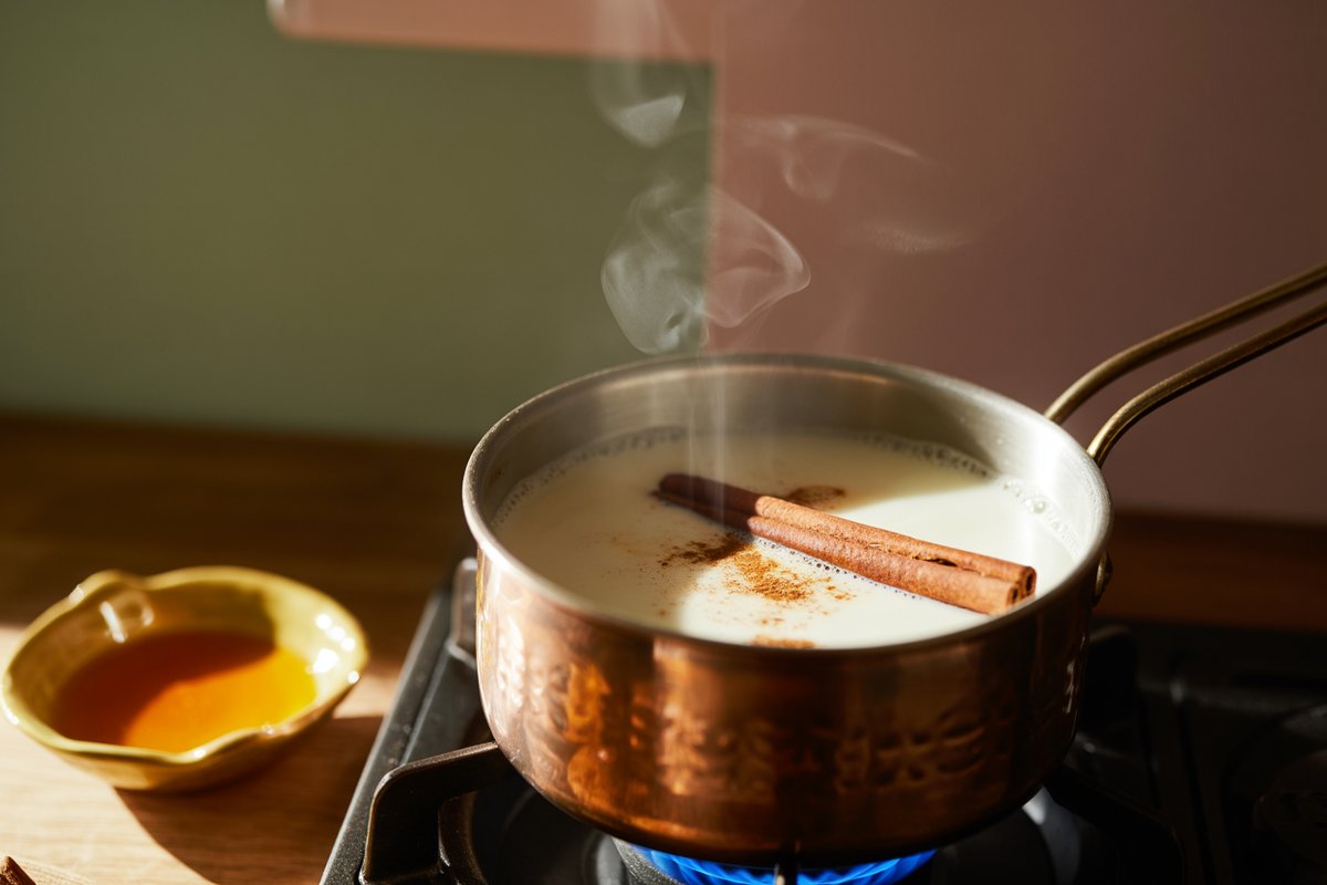 Whisking moon milk on the stove until the spices bloom Warm spiced milk being whisked to a gentle froth in a small saucepan on a stovetop in the evening
