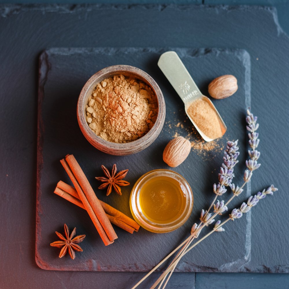 The moon milk lineup: ashwagandha, cinnamon, nutmeg, honey, and lavender Overhead flat lay of moon milk ingredients, ashwagandha powder, cinnamon sticks, whole nutmeg, honey, and dried lavender on a dark surface