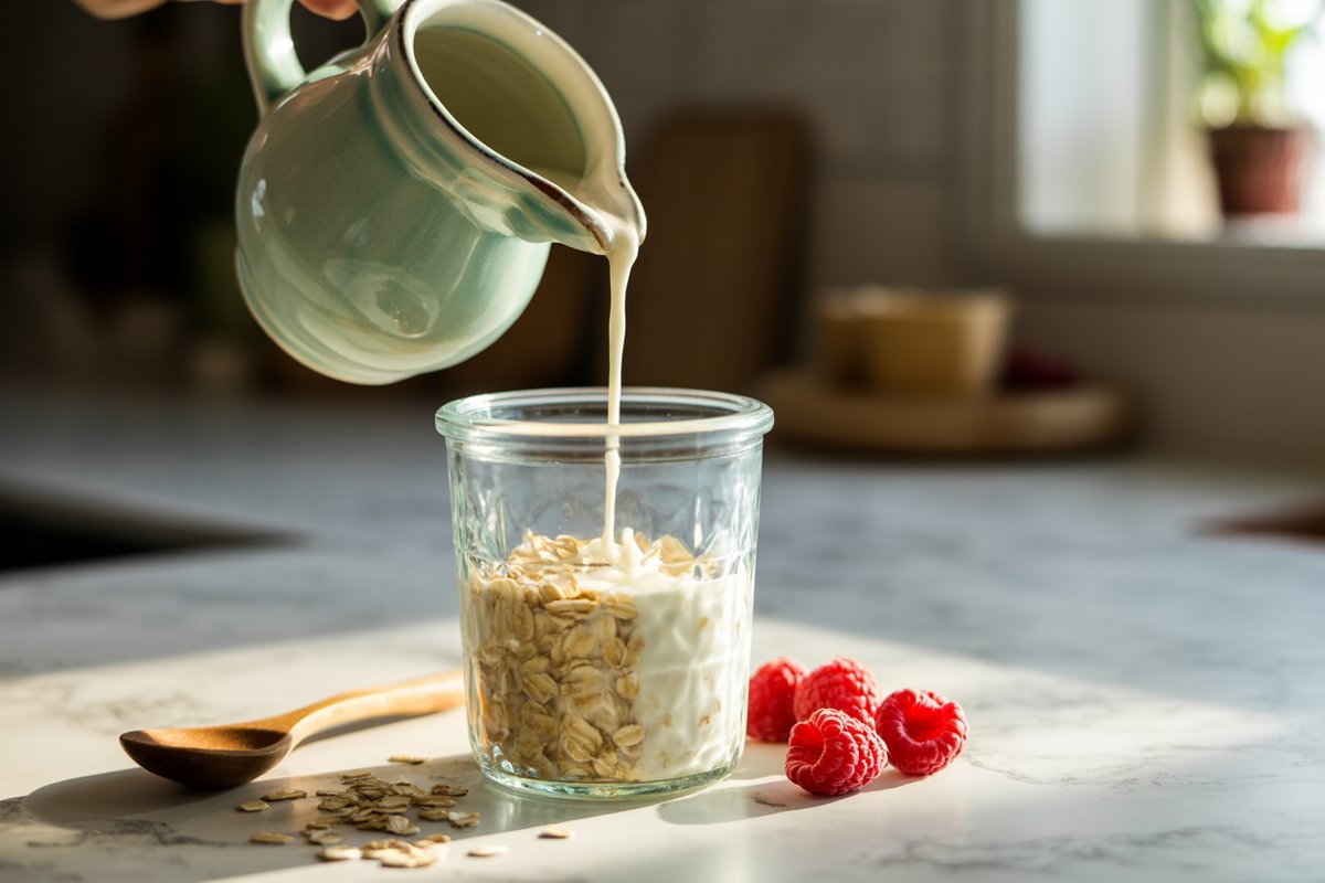 What makes oats creamy without yogurt: a rich plant milk like coconut Coconut milk being poured into a jar of rolled oats with fresh raspberries beside it