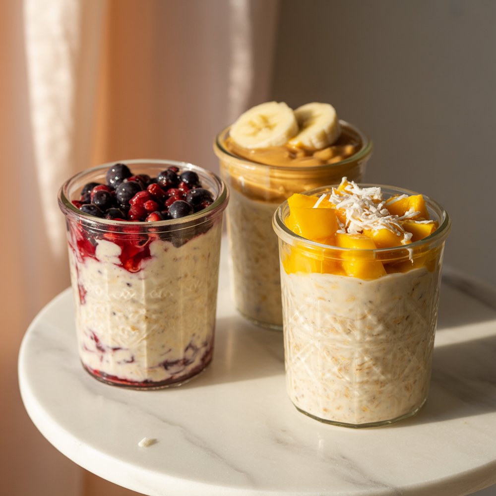 Three overnight oats variations without yogurt Three jars of overnight oats with berry, peanut butter banana, and mango coconut toppings