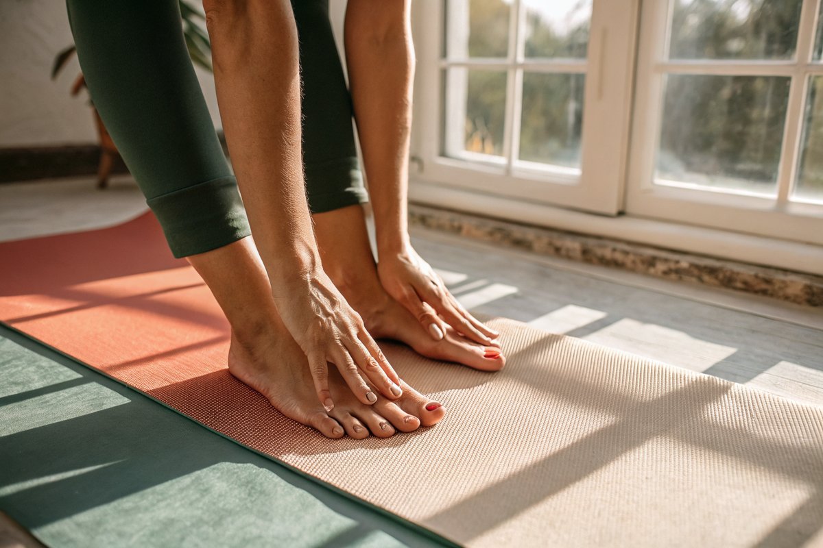 Tabletop position on a pilates mat, where every beginner timeline starts Close-up of bare feet and hands on a pilates mat in tabletop position in soft natural light