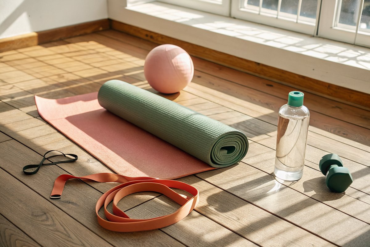 Complete home pilates setup: mat, ball, band, and water Pilates equipment still life: rolled cream mat, small exercise ball, resistance band, and water bottle on a wooden floor