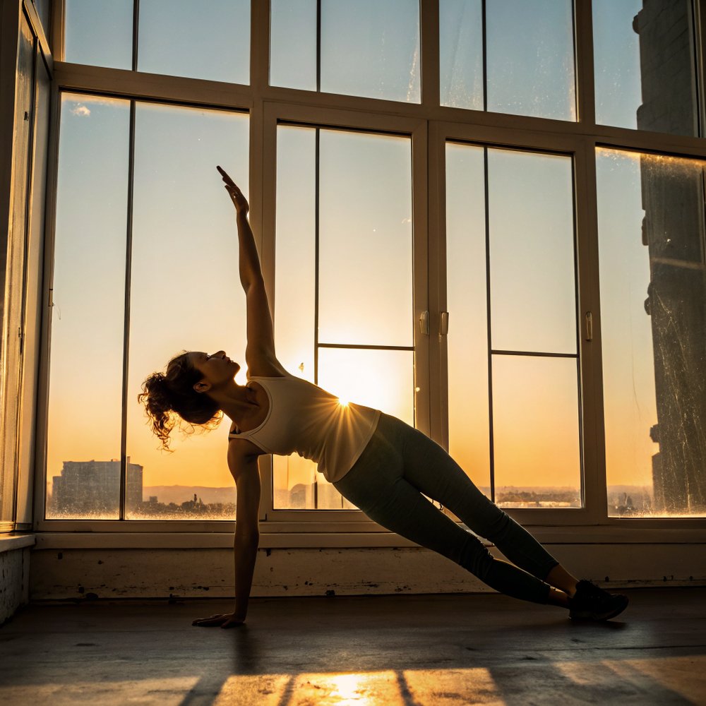 Side plank by the window in golden hour light Woman in side plank silhouette by a large window in golden hour light, no face visible