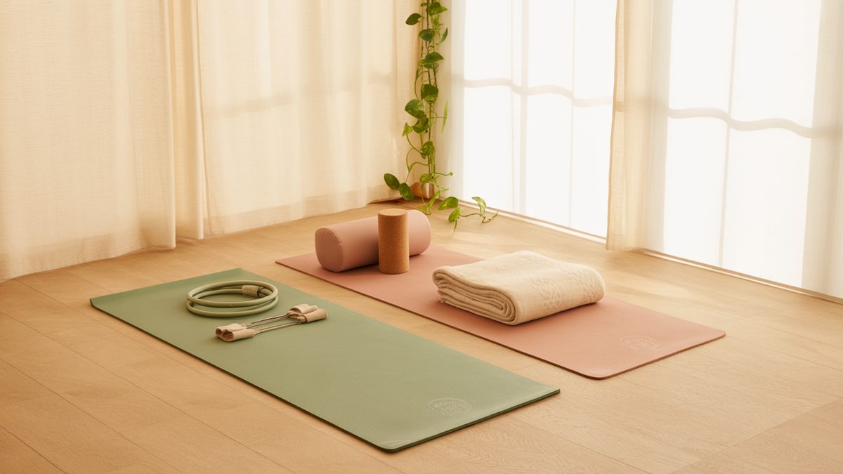 Pilates vs Yoga: How to Choose image 1 Sage pilates mat with a ring and band beside a rose yoga mat with cork blocks and a blanket