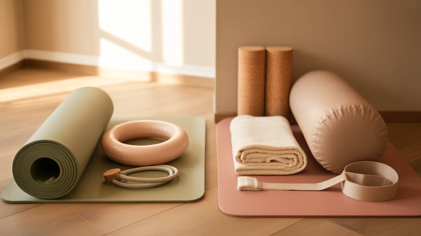 Overhead view of pilates equipment on the left and yoga props on the right on oak flooring