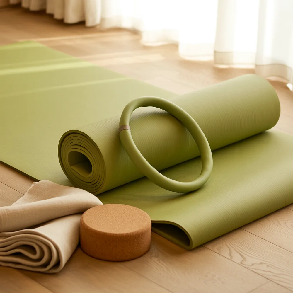 A rolled sage exercise mat with a pilates ring and resistance band beside a folded blanket