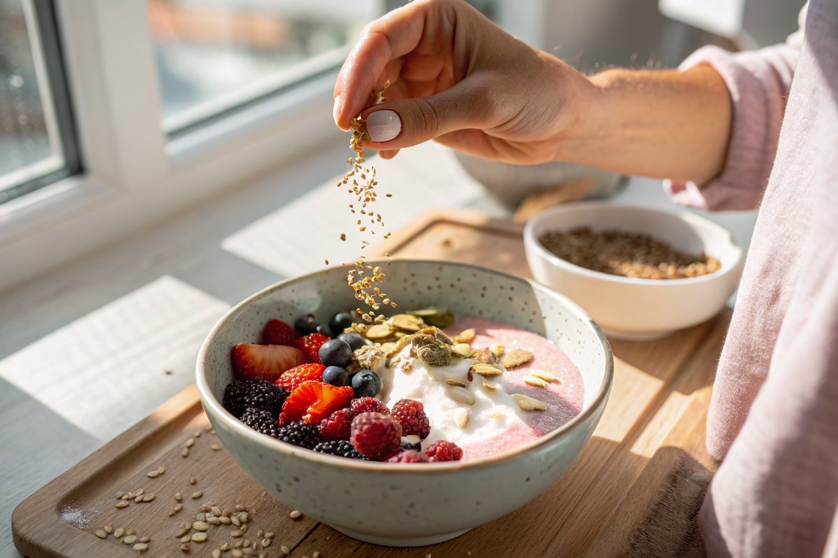 Hand sprinkling ground flax and pumpkin seeds over a berry smoothie bowl during the follicular phase of seed cycling