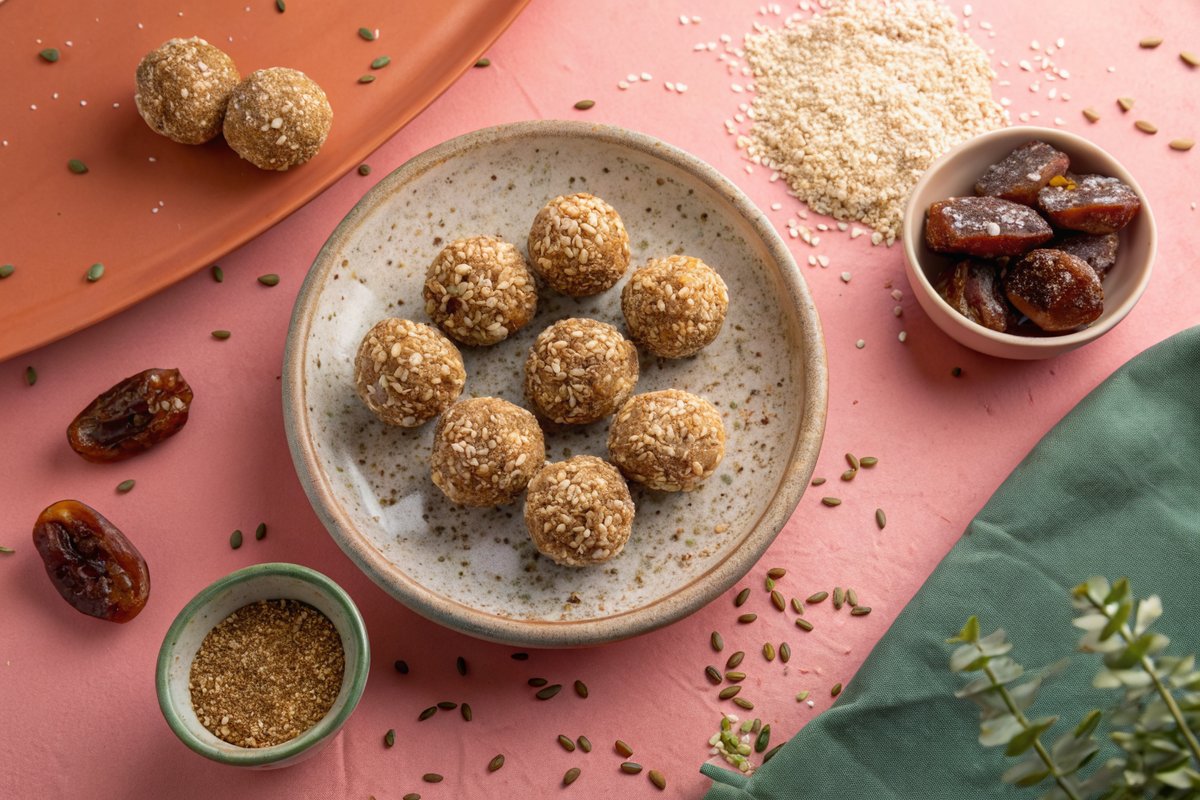 Seed cycling energy balls rolled in sesame seeds on a ceramic plate with dates and seeds nearby