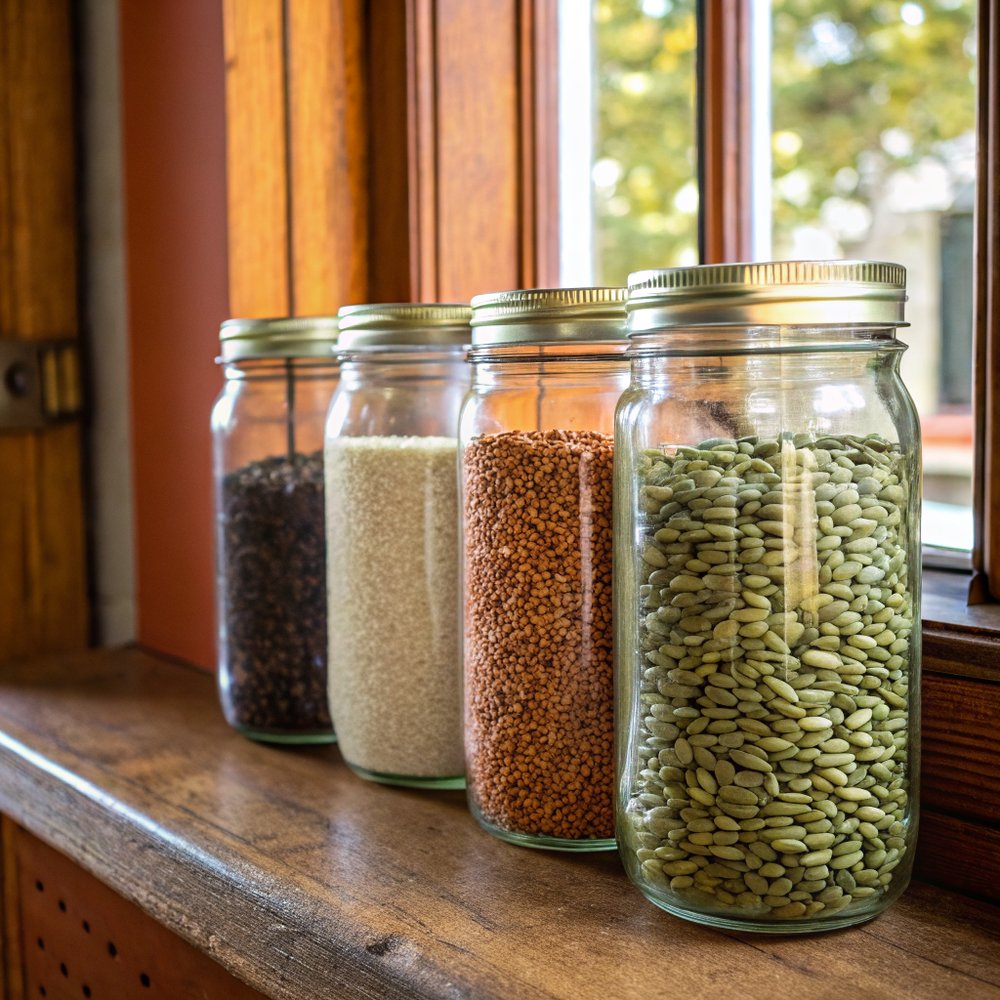 Four glass jars of seed cycling seeds, flax, sesame, and sunflower stored on a wooden pantry shelf