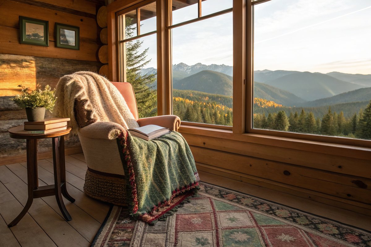 Retreat cabin interior with reading chair and mountain view Cozy retreat cabin interior with a reading chair, wool blanket, and mountain view through a large window