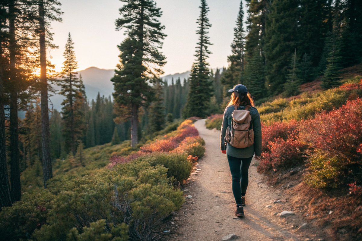 Solo walk on a retreat forest trail in morning light Solo woman seen from behind walking a forest trail with a small backpack in morning light